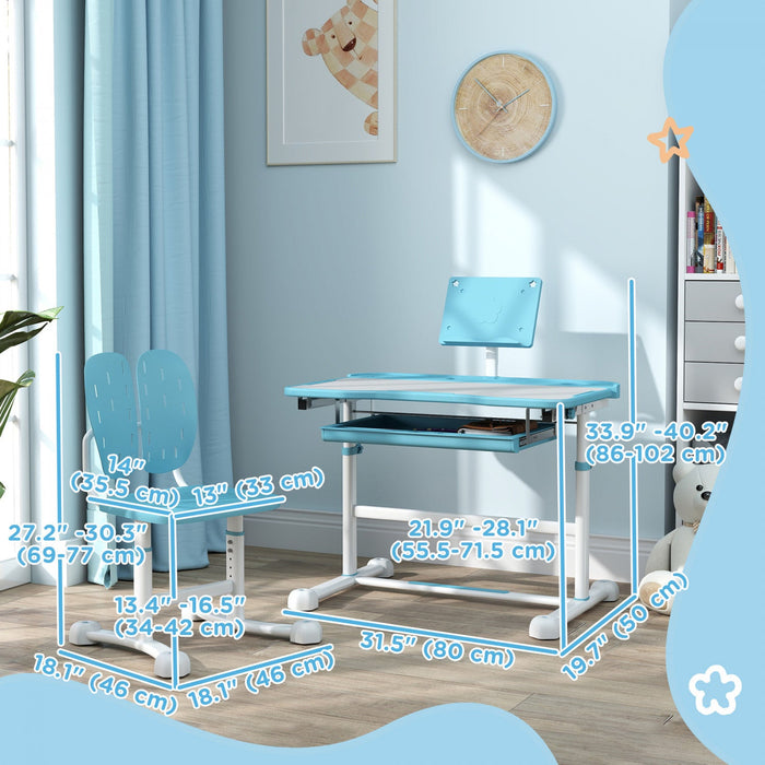 Qaba Kids Desk And Chair Set, Height Adjustable Kids Study Table And Chair Set With Tilt Desktop, La