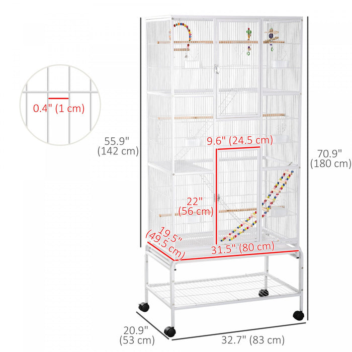 Pawhut 71" Bird Cage, 3 Tier Large Parrot Cage With Wheels, Perches, Ramp, Storage Shelf, Toys For Canaries, Finches, Cockatiels, Parakeets, White