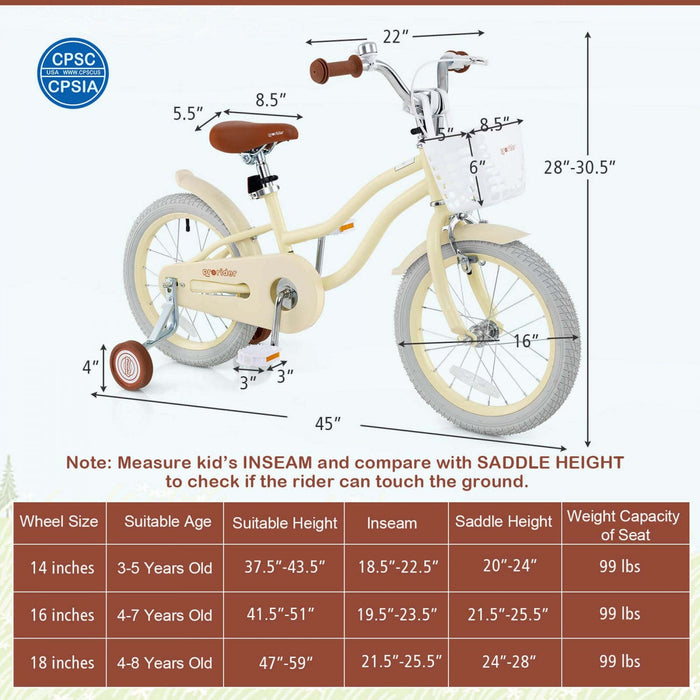 Prorider 16" Kids Bike Toddler Adjustable Bicycle With Training Wheel For 4-7 Years Old Girl Beige