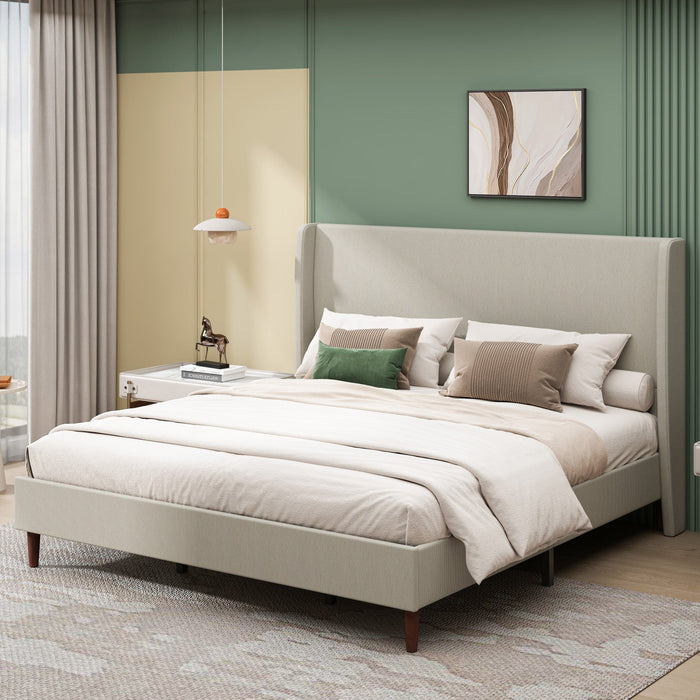 Harper Upholstered King Bed Frame with High Headboard, Linen Fabric - Beige 