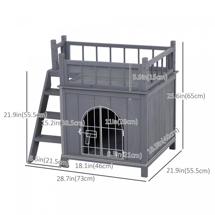 Pawhut 2-story Pet House For Cats Miniature Sized Dogs, Wooden Kitten Shelter With Enclosure, Balcon