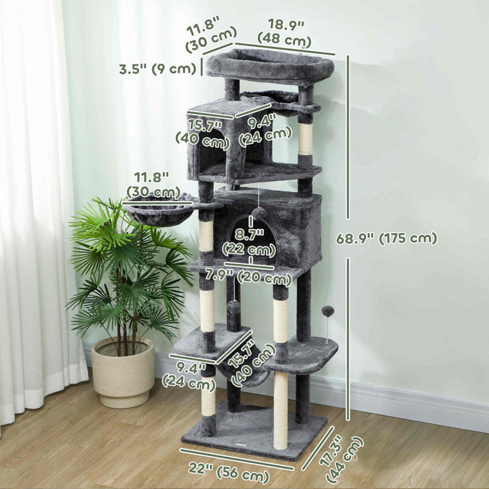 PawHut Cat Tree, 69" Cat Tower for Indoor Kittens, Multi-Level Tower with 2 Condos, Scratching Posts, 2 Hammocks, Perches, Pompoms for Multiple Kitties, Dark Grey