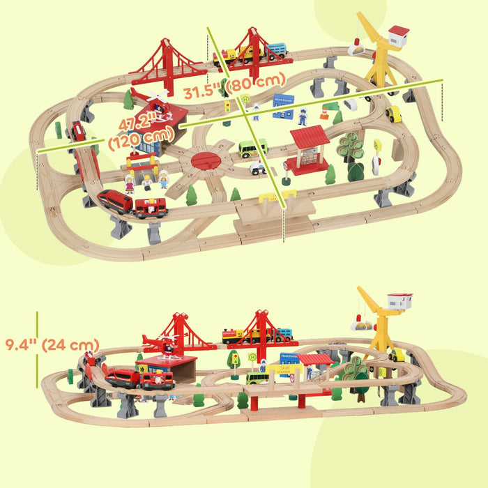 Qaba Wooden Train Set, 133 Pcs Toy Railway Set for Kids Toddlers, Boys & Girls 3+ Years with Track, Battery Towered Train, Crane, Bridge & Accessories, STEM Toys Gift for Children