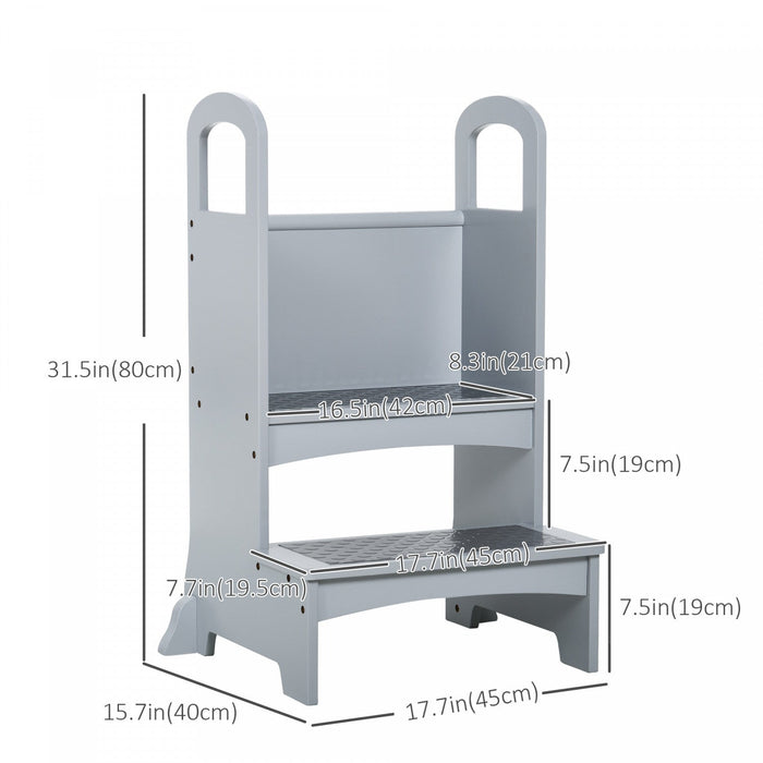 Qaba 2 Step Stool Kids Kitchen Helper With Support Handles And Non-slip Pad For Kitchen, Living Room