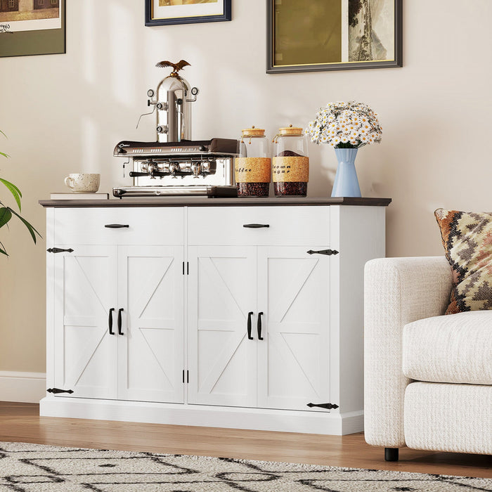 HOMCOM 55" Farmhouse Sideboard Buffet Cabinet with 4 Barn Doors White