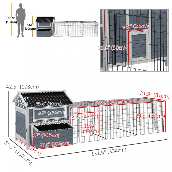 Pawhut 131.5\" Chicken Coop, Large Wooden Hen House, Rabbit Hutch With Run, Nesting Boxes, Slide-out 