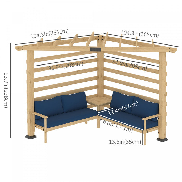 Outsunny 9' X 9' Corner Pergola With Conversation Set And Cushions, Fir Wood Outdoor Pergola With En