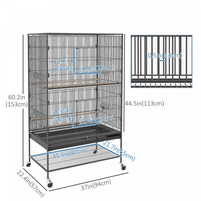 Pawhut 60\" Bird Cage With Stand For Cockatiels Canaries Lovebirds Finches, Budgie Cage With Wheels, 