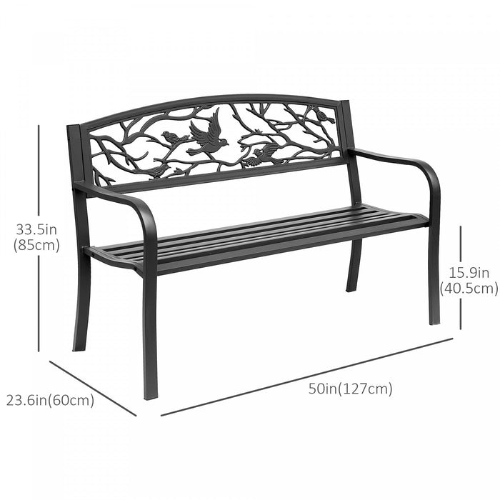 Outsunny 50" Outdoor Metal Garden Bench With Vintage Bird Pattern, Black