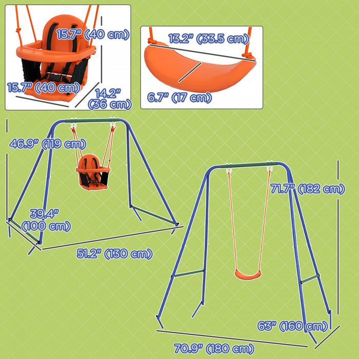 Outsunny 2 In 1 Toddler Swing Set, Metal Swing Set With Safety Harness For Baby, Kids 6 Months+, Hea