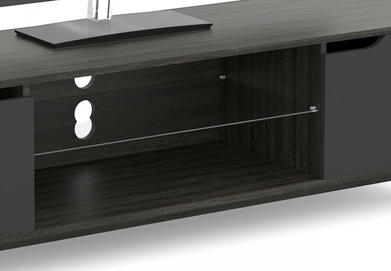 59” TV Stand With 2 Shelves and 2 Black Doors - Dark Grey Wood 