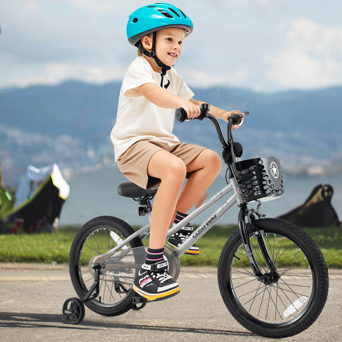 Costway 18" Kid's Bike With Training Wheels Adjustable Handlebar & Seat Handbrake Sliver