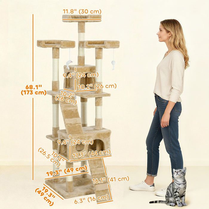 PawHut 68 inches Cat Tree, Multi-Level Large Cat Tower Condo with Scratching Posts, Perches, Cat Houses, Dangling Toy, Light Brown