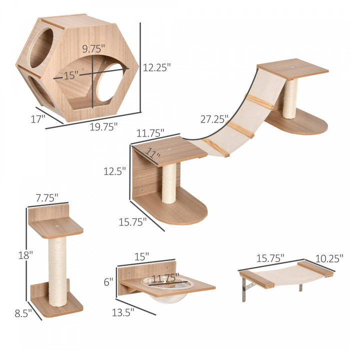 Pawhut Cat Tree 5pcs Pet Wall-mounted Climbing Frame Shelf Set Kitten Perch Activity Center With Ham