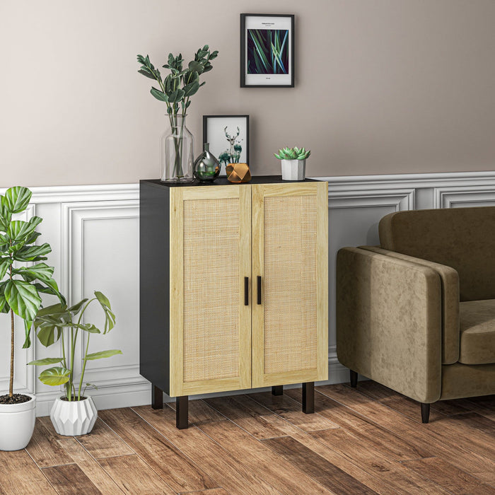 HOMCOM Boho Sideboard Buffet Cabinet with 2 Rattan Doors, Black