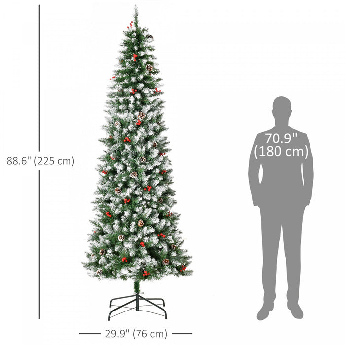 Homcom 7.5' Prelit Flocked Artificial Xmas Tree W/ Pine Cones, Berries