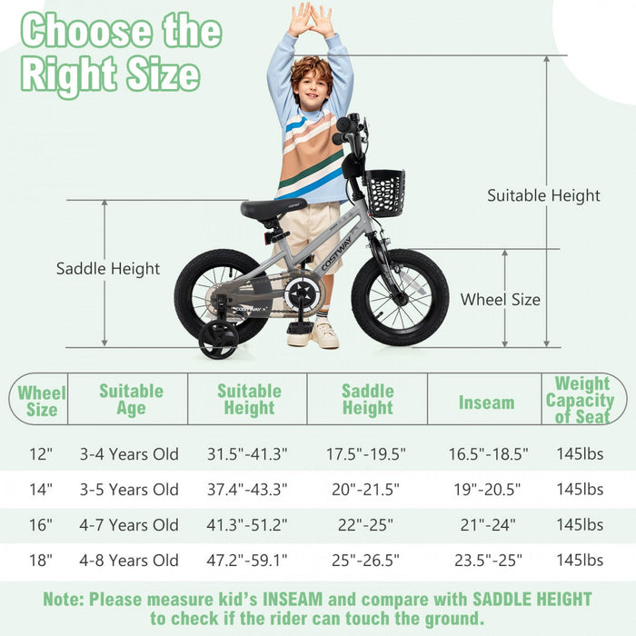 Costway 12" Kid's Bike With Training Wheels Adjustable Handlebar & Seat Handbrake Silver