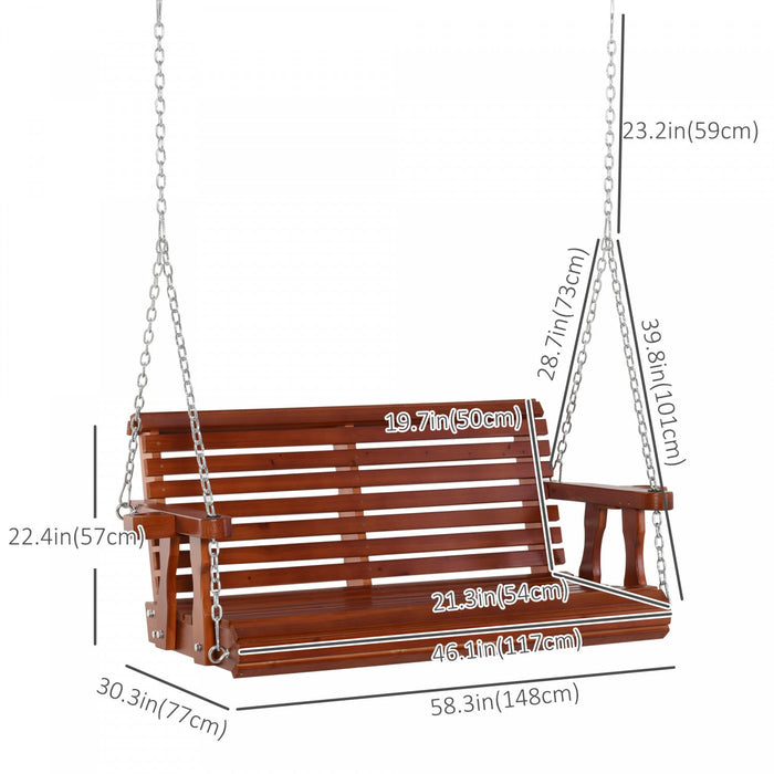 Outsunny 2 Seater Porch Swing Wooden Patio Swing Chair W/ Cup Holder Brown