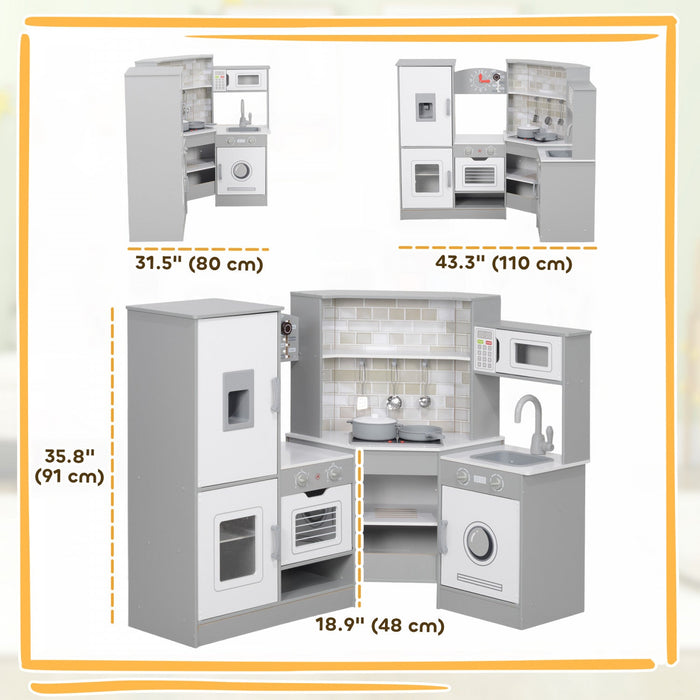 Qaba Corner Play Kitchen, Kids Kitchen Playset, Pretend Play Kitchen Set With Lights & Sounds, Stove