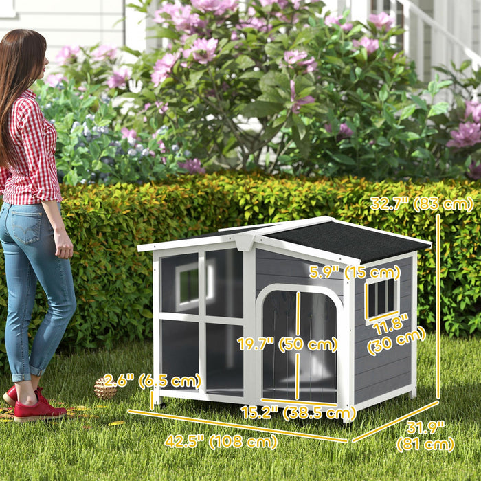 Pawhut Large 42in Wooden Dog House Outdoor With Removable Bottom, Cabin Style Raised Pet Kennel, With Openable Asphalt Roof, Door Curtain, Side Windows For Large Dog, Dark Grey