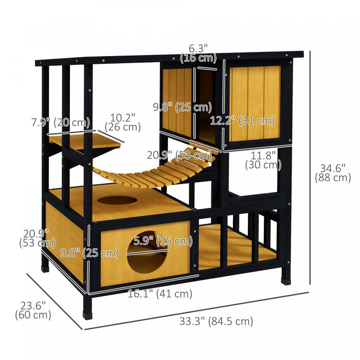 Pawhut Outdoor Cat House Feral Cat Shelter Wooden Cat House With Suspension Bridge, Condos, Escape D