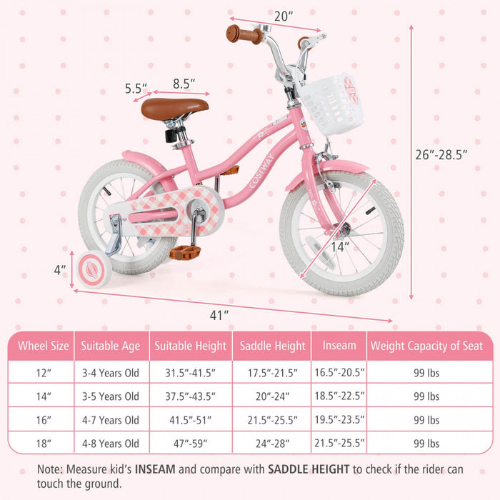 Costway 14" Kid's Bike With Removable Training Wheels & Basket For 3-5 Years Old Pink