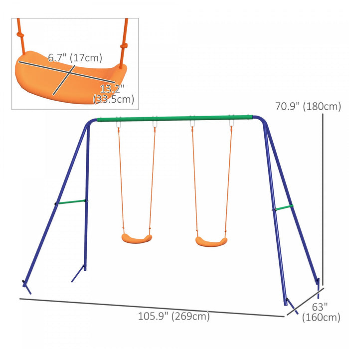 Outsunny Kids Swing Set For Backyard Outdoor Metal Swing Frame With Double Swing Seats, Ground Stake