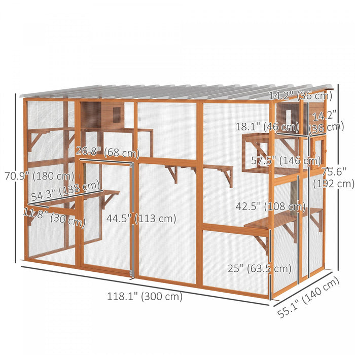 PawHut Catio Outdoor Cat Enclosure, 76"Large Wooden Outdoor Cat House with Condos, Jumping Platforms, Scratching Posts, Waterproof Roof, Walk-in Kitty Cage for 1–5 Kittens, Orange