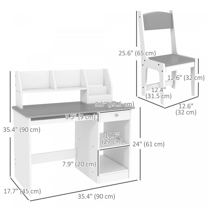Qaba Kids Desk And Chair Set For 5-8 Year Old With Storage, Study Table And Chair For Children, Grey