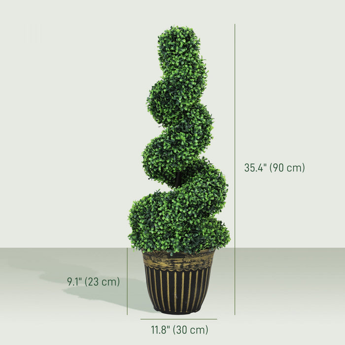HOMCOM Set of 2 Artificial Plants Topiary Spiral Boxwood Trees in Pot
