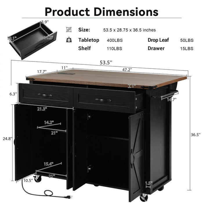 Elton 53.5\" Engineered Wood Kitchen Carts With Power Outlet And Storage - Black 