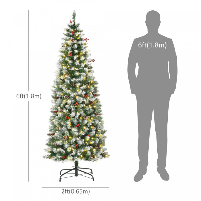 Homcom 6' Prelit Flocked Artificial Christmas Tree W/ Pine Cones, Berries