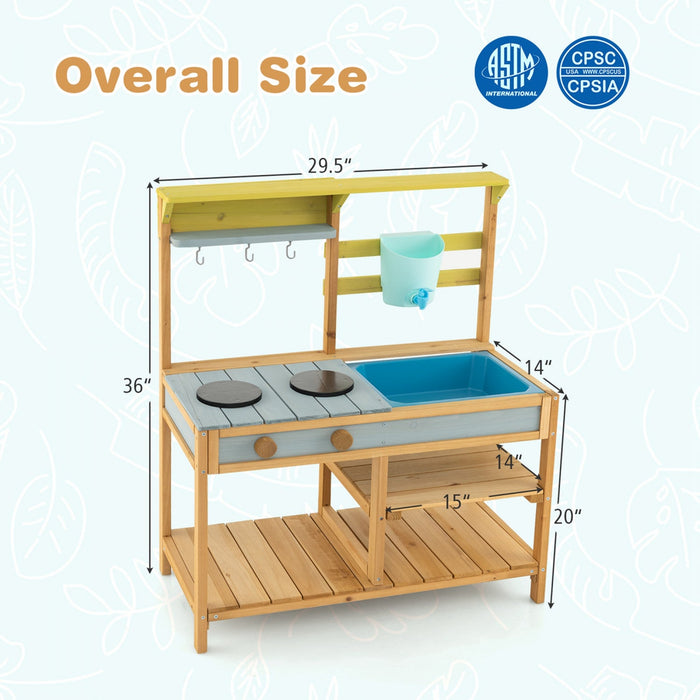 Costway Wooden Play Kitchen Set, Outdoor Kid's Mud Kitchen With Faucet & Water Box