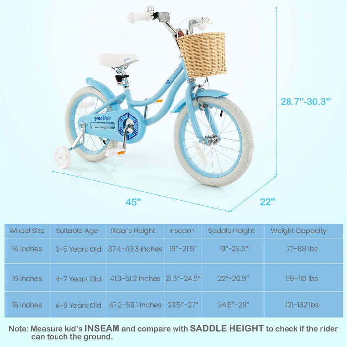Prorider 16" Kid's Bike With Training Wheels Adjustable Handlebar Seat Handbrake Blue