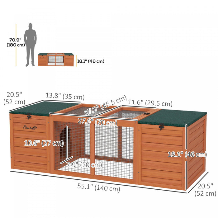 Pawhut Rabbit Hutch Wooden, Rabbit Cage With Double Main House, Openable Tops, Asphalt Roofs For Gui