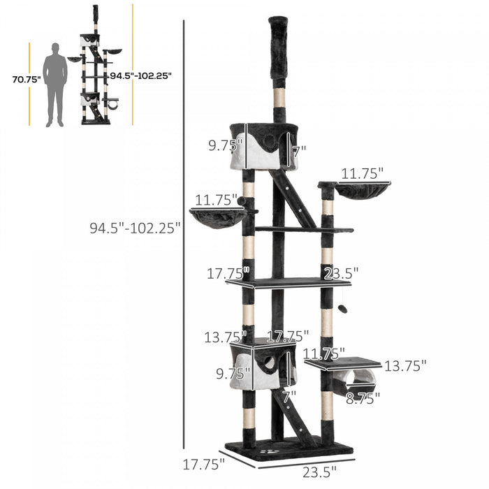 Pawhut Cat Tower For Large Cats Adult, Floor To Ceiling Cat Tree Adjustable Height 94\"-102\" Multi-le