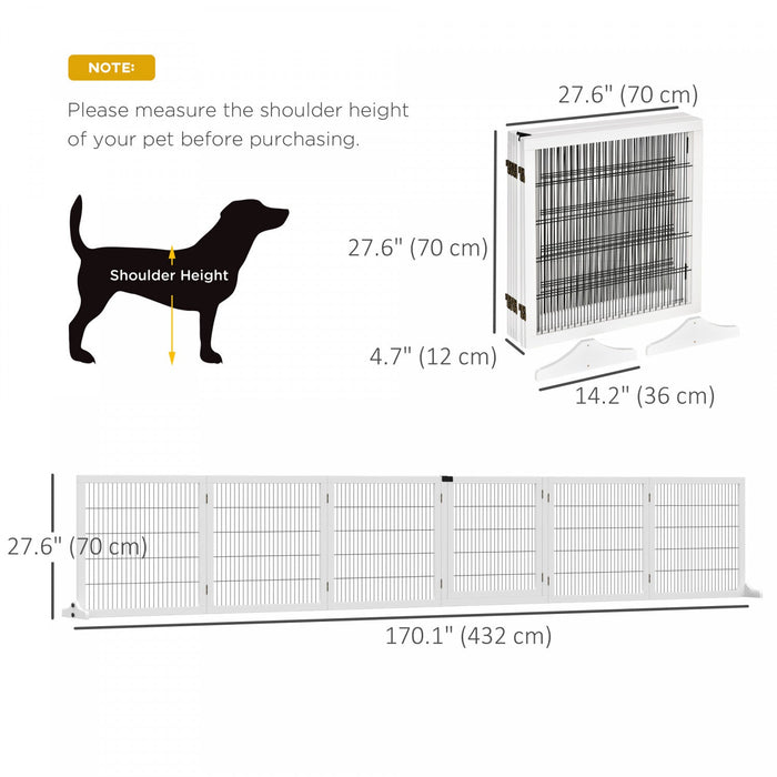 Pawhut Wooden Pet Gate, Dog Safety Barrier, Freestanding Foldable Fence, W/ 6 Panels, 2 Support Feet