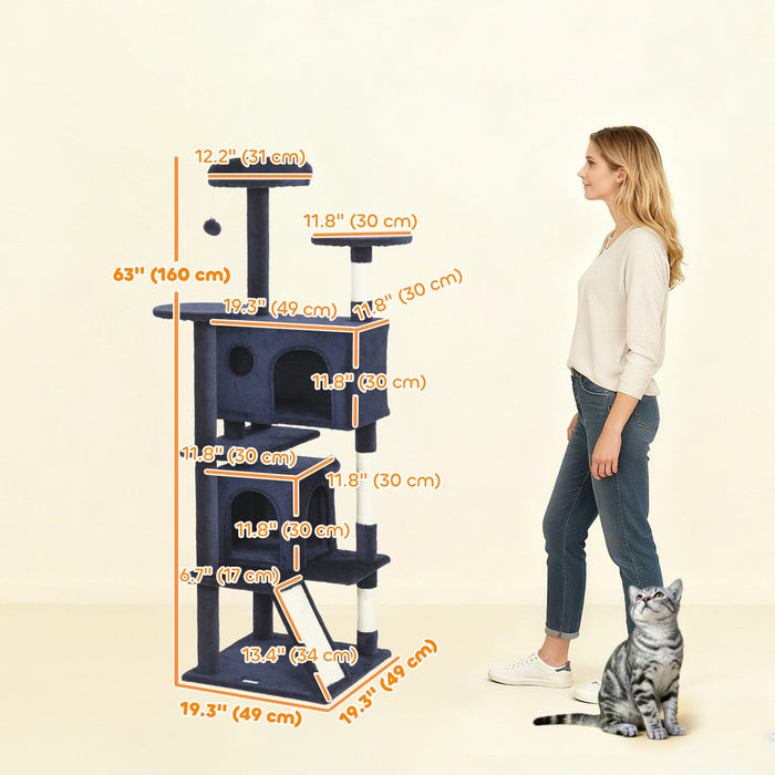 PawHut 63" Cat Tree, Cat Tower for Indoor Cats with Scratching Posts, Cat Condos, Bed, Platforms, Ramp, Toy Ball, Cat Activity Center, Dark Blue