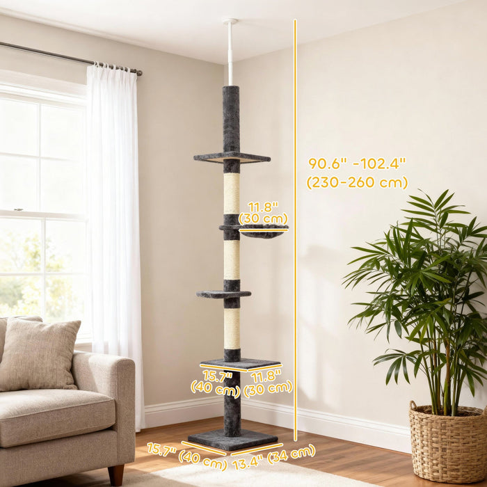 PawHut 102" Cat Tree 5-Tier Floor-to-Ceiling Cat Tower Kitty Activity Center with Scratching Post Play Rest Post Pet Furniture Dark Grey