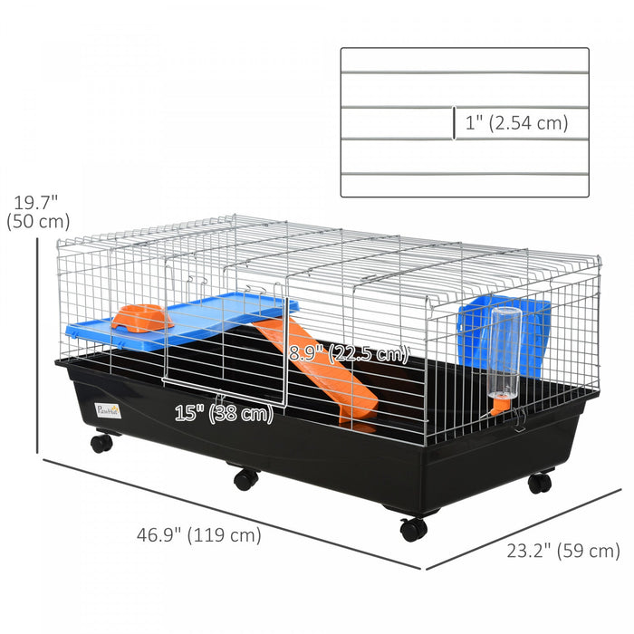 Pawhut 47\" Small Animal Cage, Rolling Bunny Cage, Guinea Pig Cage With Food Dish, Water Bottle, Hay 