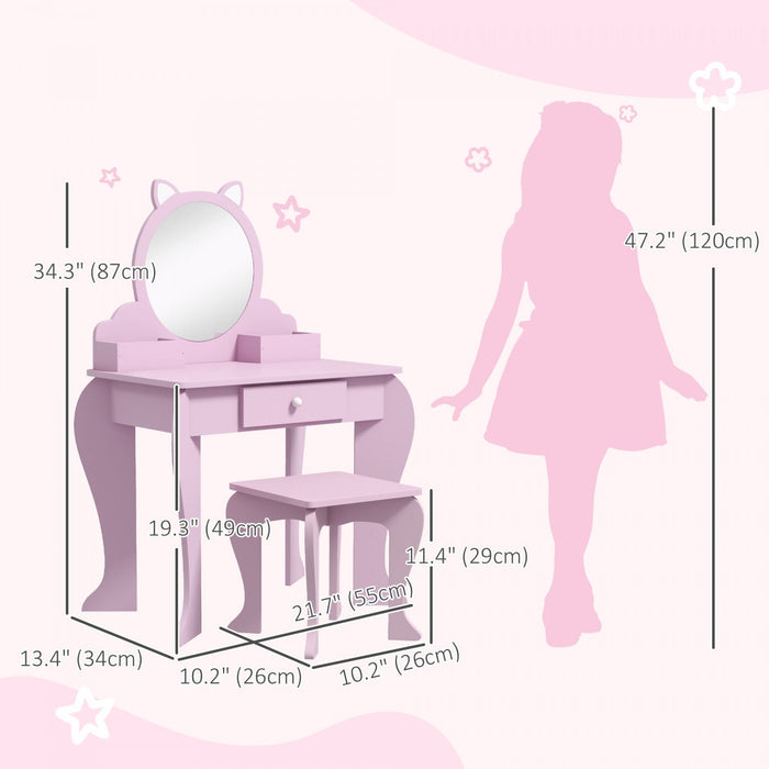Qaba Kids Vanity Set With Mirror And Stool, Makeup Vanity Table For Children 3-6 Years Old, With Dra