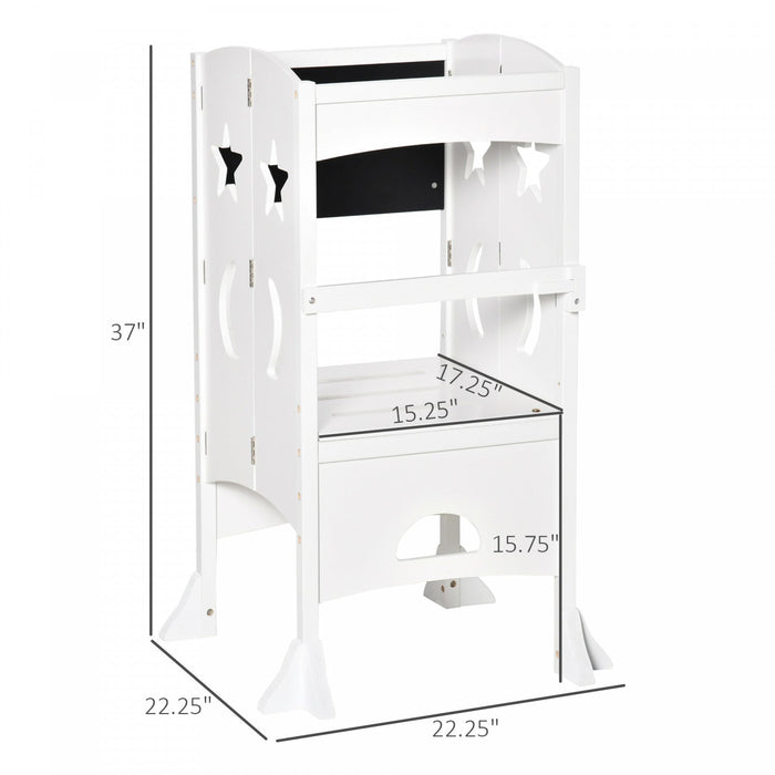 Qaba Kids Kitchen Helper Foldable Step Stool Toddler Kitchen Stool With Blackboard Lockable Handrail