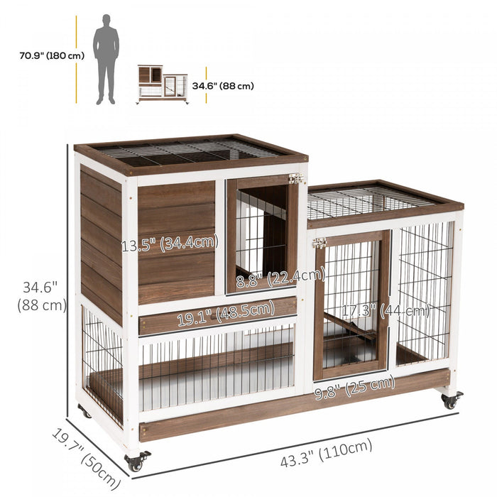 Pawhut Rabbit Hutch Indoor Bunny Cage Guinea Pig House On Wheels With Run, Pull Out Trays, Brown And