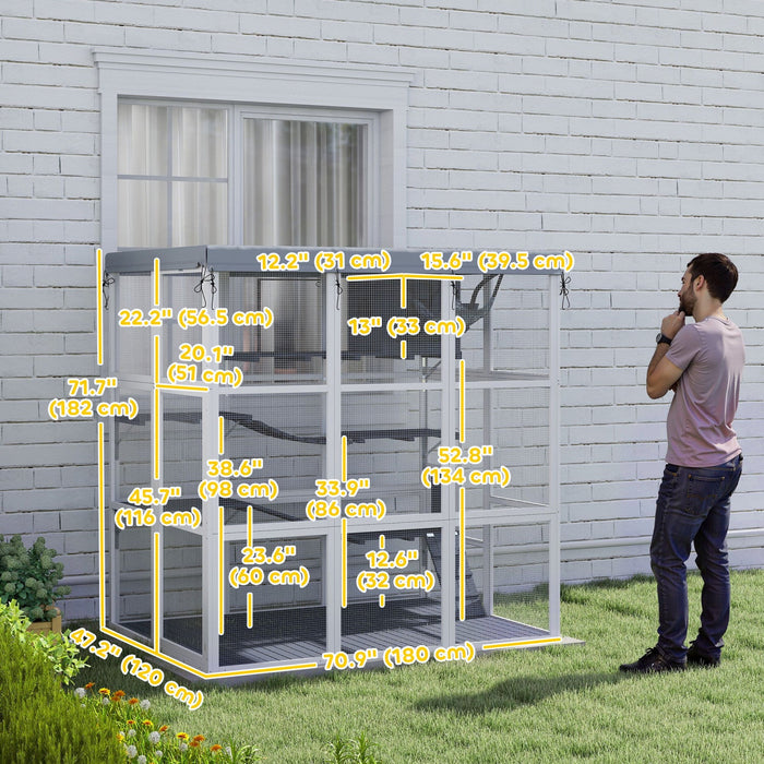 Pawhut Catio Outdoor Cat Enclosure, 71" Large Wooden Cat House W/ Weatherproof Tarp, Walk-in Kitty Cage With Hammock, Condo, Platforms, Ladders, Ramps, For 2-4 Kittens, Grey