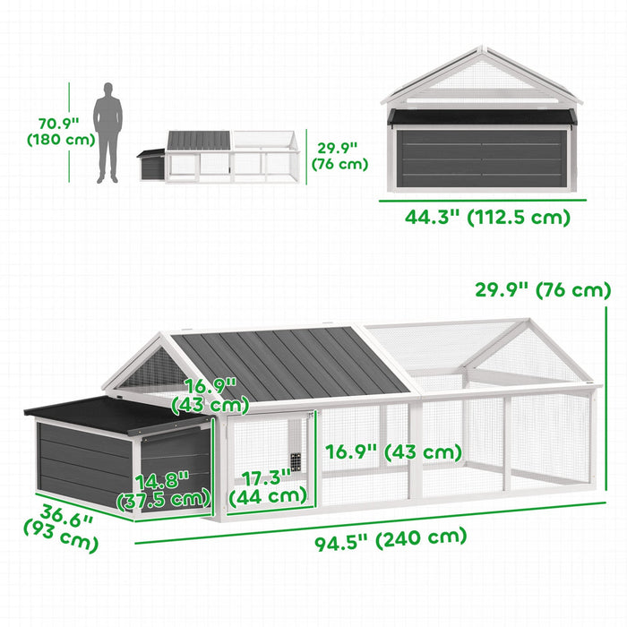 Pawhut 95"L Large Chicken Run, Wooden Chicken Coop with Nesting Box, Lift-up Top, Side Door and Wooden Roof, Poultry Cage for Outdoor, for 4 to 8 Chickens, Rabbits, Ducks, White