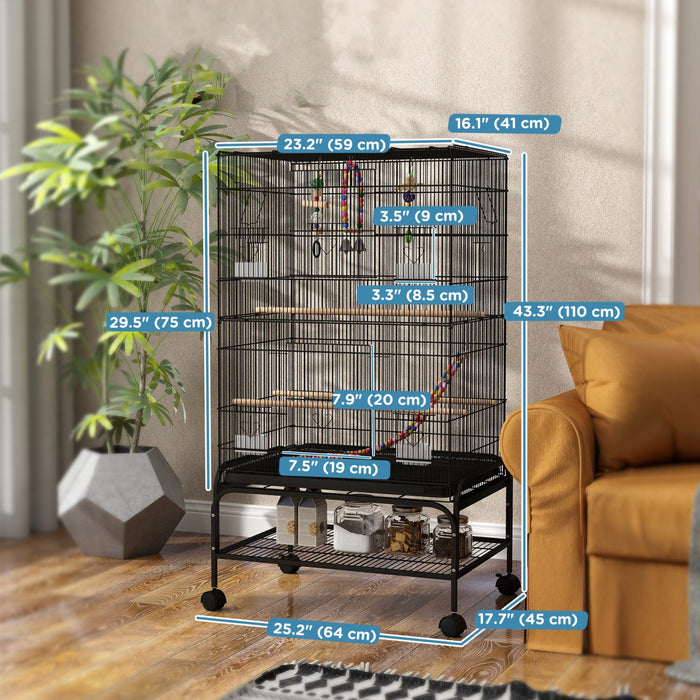 Pawhut 43" Bird Cage For Budgies Cockatiels Canaries Lovebirds Finches With Rolling Stand, Toys, Removable Tray, Storage Shelf, Black