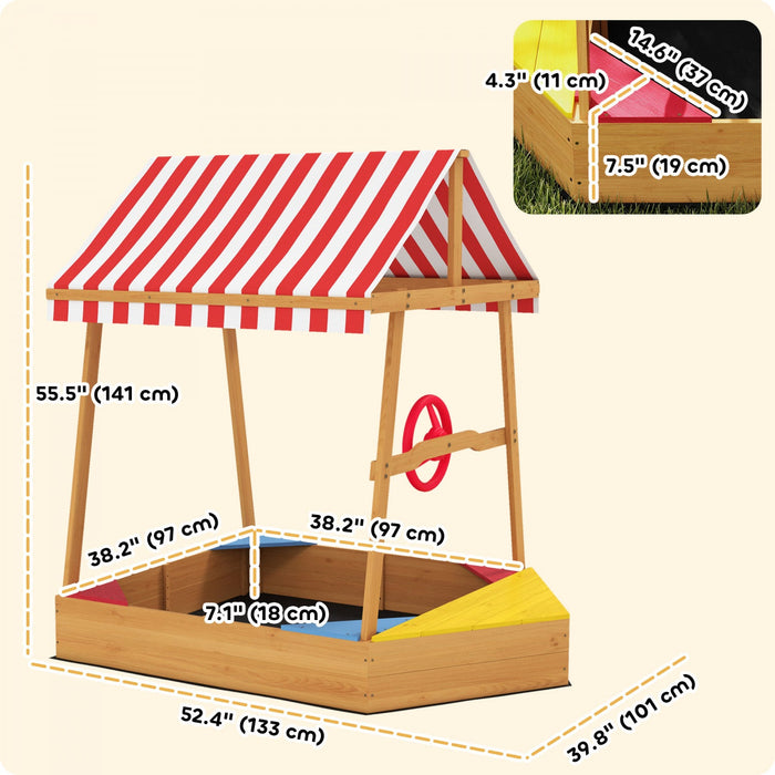 Qaba Kids Sandbox with Cover, 4 Seats, Boat Wooden Sand Pit with Rudder, Deck, Bottom Liner, Outdoor Sand Box for Backyard, Garden, Beach, 52" x 40" x 55.5", for Ages 3-8, Yellow