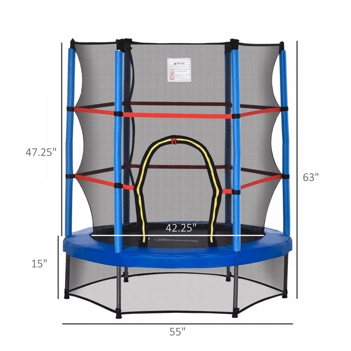 Outsunny Φ55\" Kids Trampoline With Enclosure Net Steel Frame Indoor Round Bouncer Rebounder Age 3 To