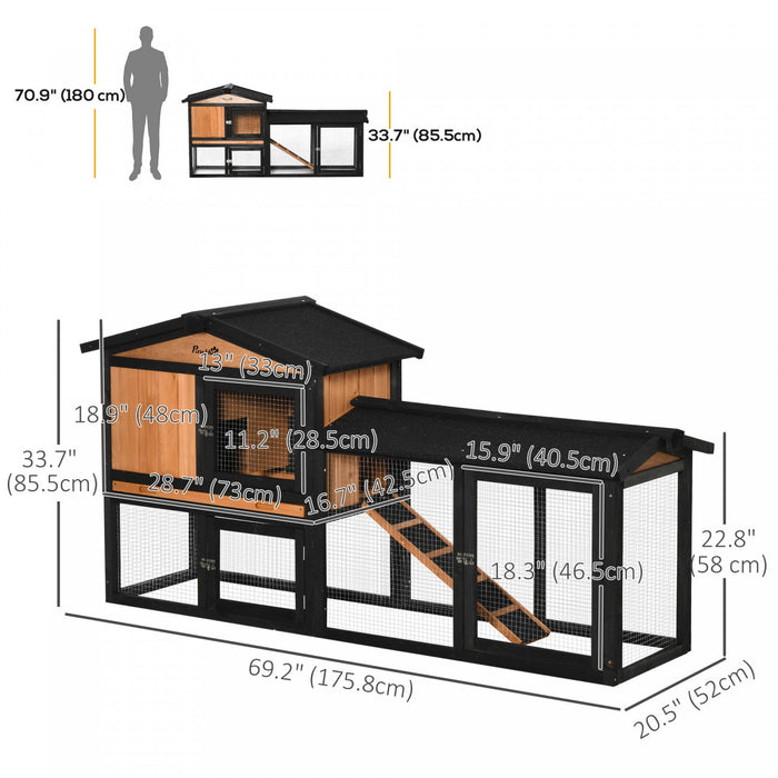 Pawhut 69\" Wooden Rabbit Hutch, Bunny Cage With Run Box, Slide-out Tray, Ramp, Waterproof Roof For R