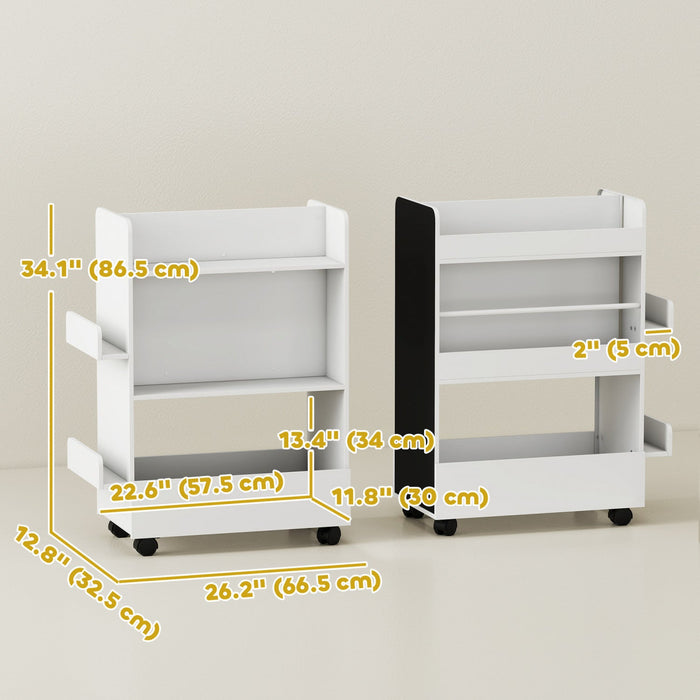 Qaba Kids Bookshelf with Wheels, Double-Sided Book Rack Display with Blackboard, Kids Bookcase Toy Storage Organizer for Nursery, Playroom, Classroom, for 3-8 Years, White